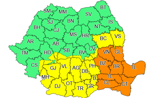 COD PORTOCALIU - Interval de valabilitate: 26 noiembrie, ora 02:00 – 26 noiembrie, ora 16:00 Fenomene vizate: viscol - Zone afectate: conform textului și hărții.